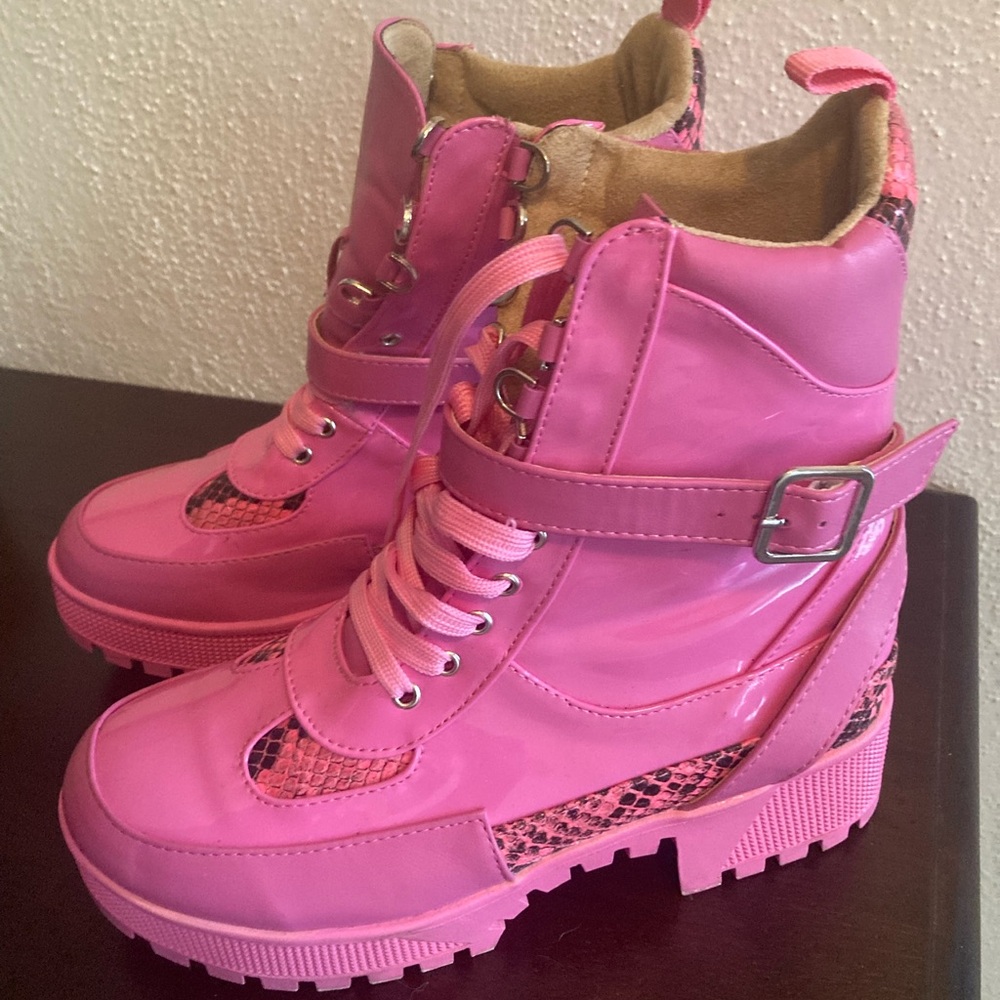 Lemonade Pink Snakeskin Chunky Boots. Size 7. Like New, NEVER WORN!!!